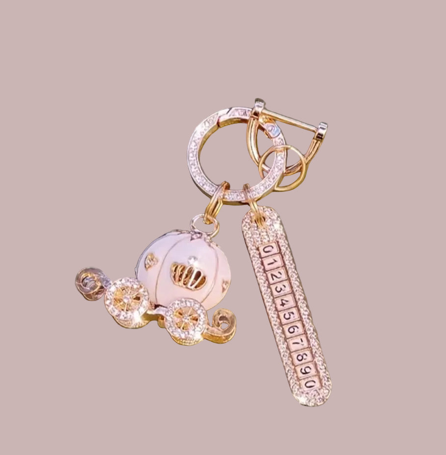 “Cinderella” Enchanting Diamond Inlaid Pumpkin Carriage Pendant with Number Plate Keychain