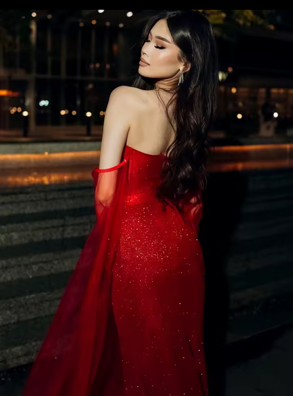 Mermaid Silhouette Glitter Embellished Gown Sweetheart Neckline Dramatic Flowing Sheer Off-The-Shoulder Sleeve