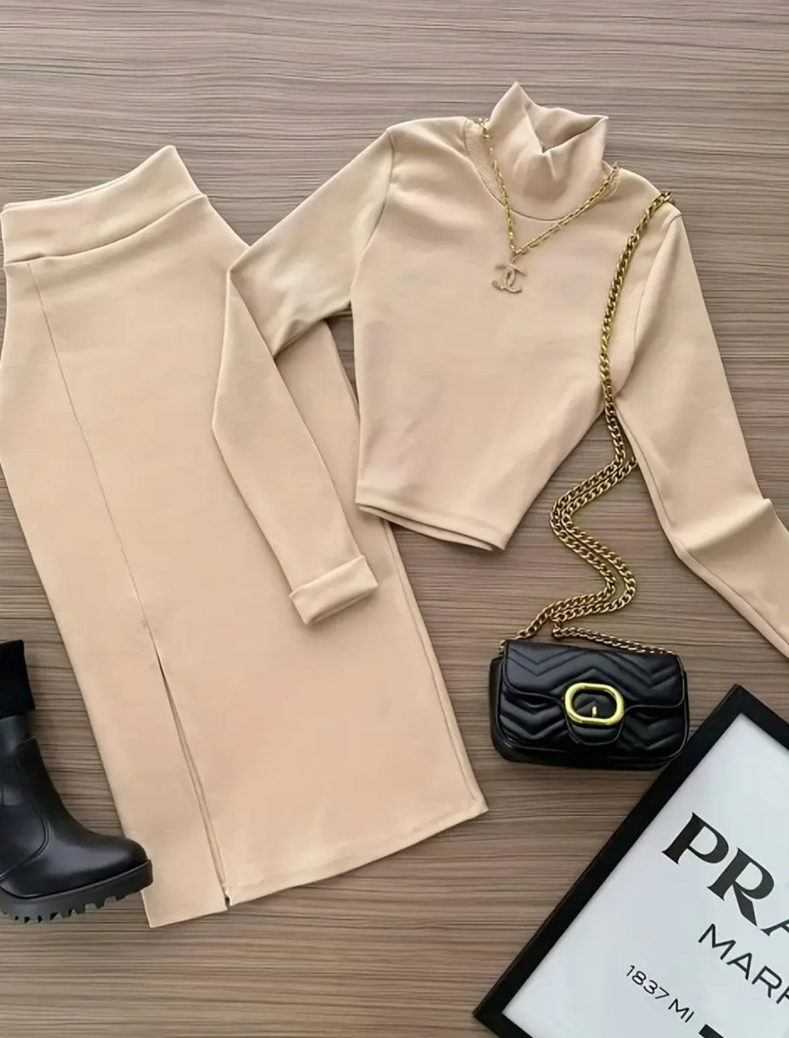 “Eva” Chic Two-Piece Set, Slim-Fitting High-Neck Top + Split Long Skirt