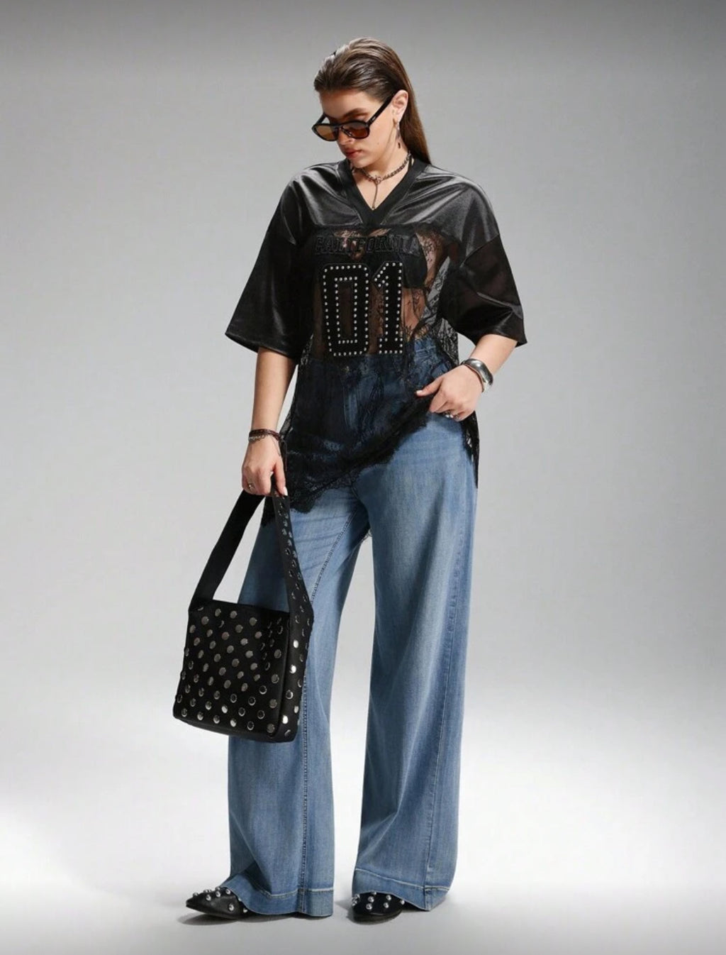 "CALIFORNIA 01" Posh Plus Oversized Studded Sheer Lace and Mesh Football Jersey