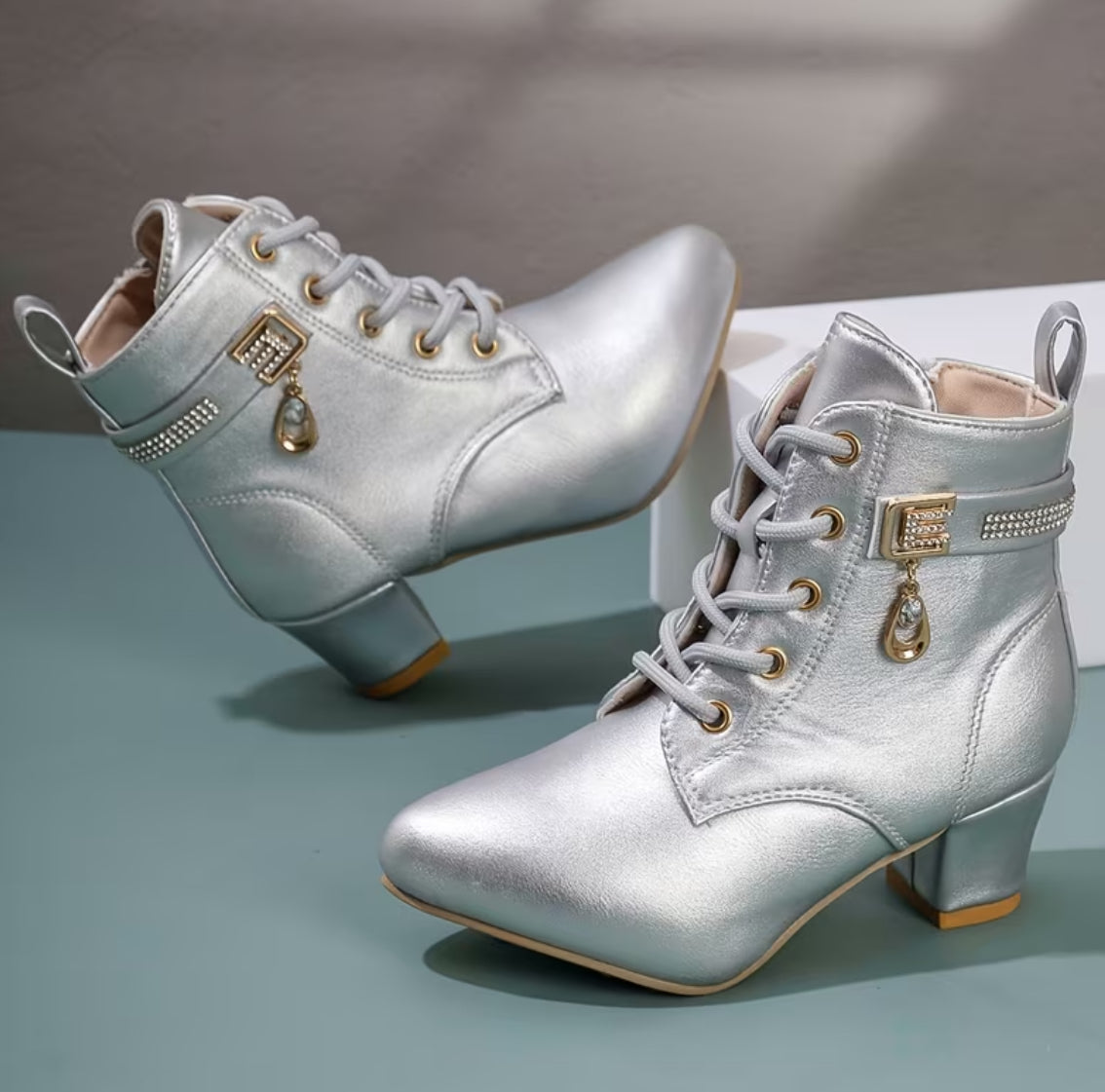“Crystal Drop” Girls' Silver Lace-Up Ankle Boots With Chunky Heel and Rhinestones + Side Zipper 