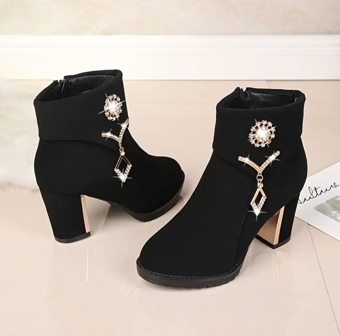 Women’s Round-Toe Chunky-Heeled Ankle Boots with Rhinestone  Pendants +Side Zipper Design