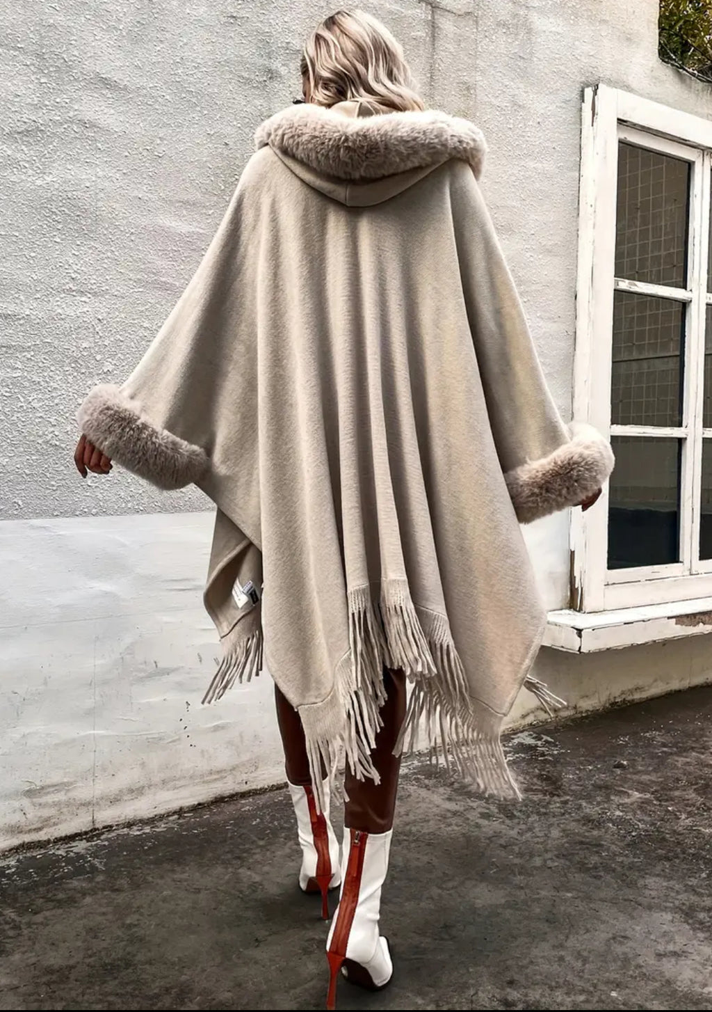 Chic Hooded Cape Coat - Long Sleeve V-Neck with Fringe Trim