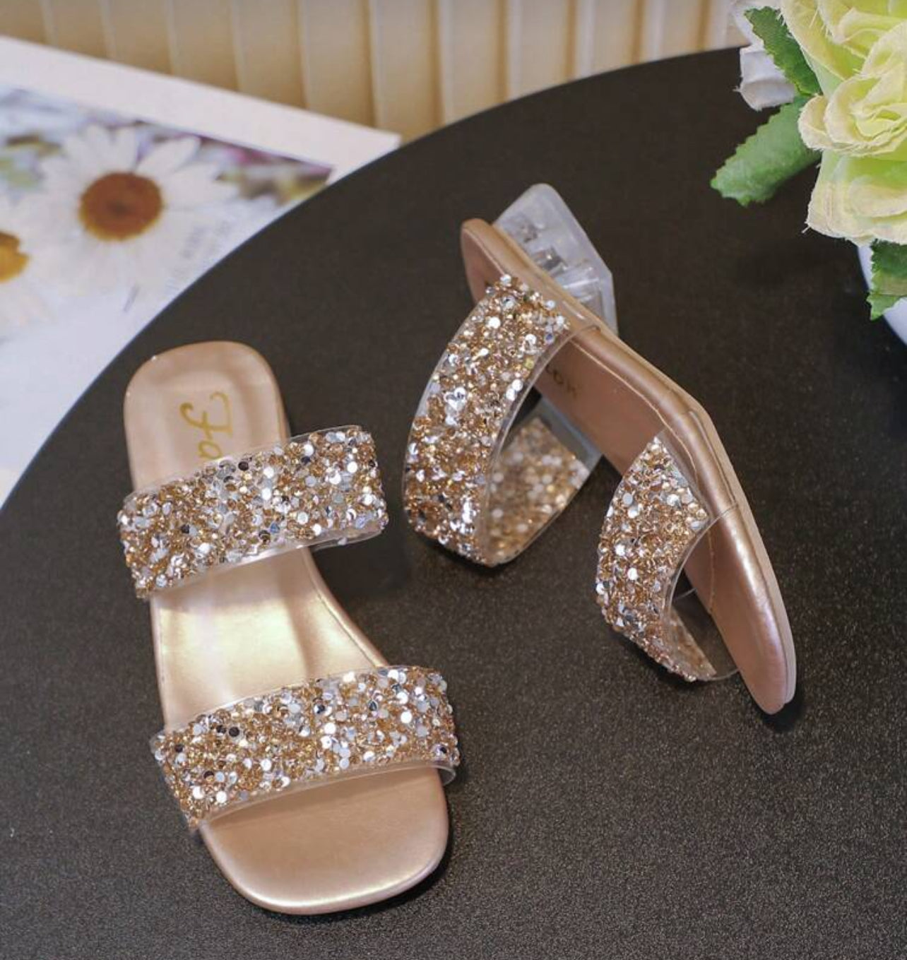 Girl Gold Glitter Fashion Thick Low Heel Wedge Sandals