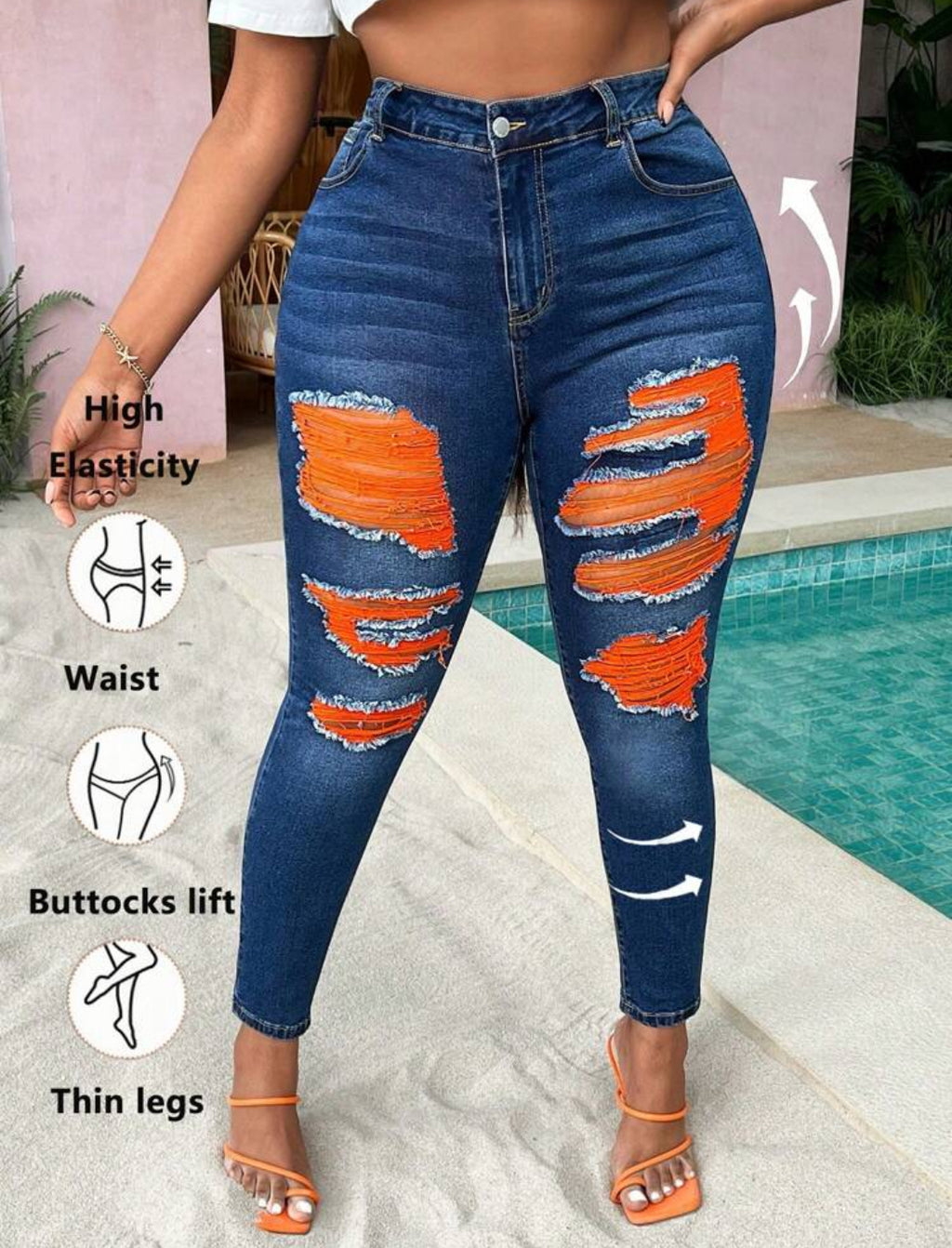 ‘Citrus’ Posh Curve Orange Ripped Blue Denim Skinny Jeans