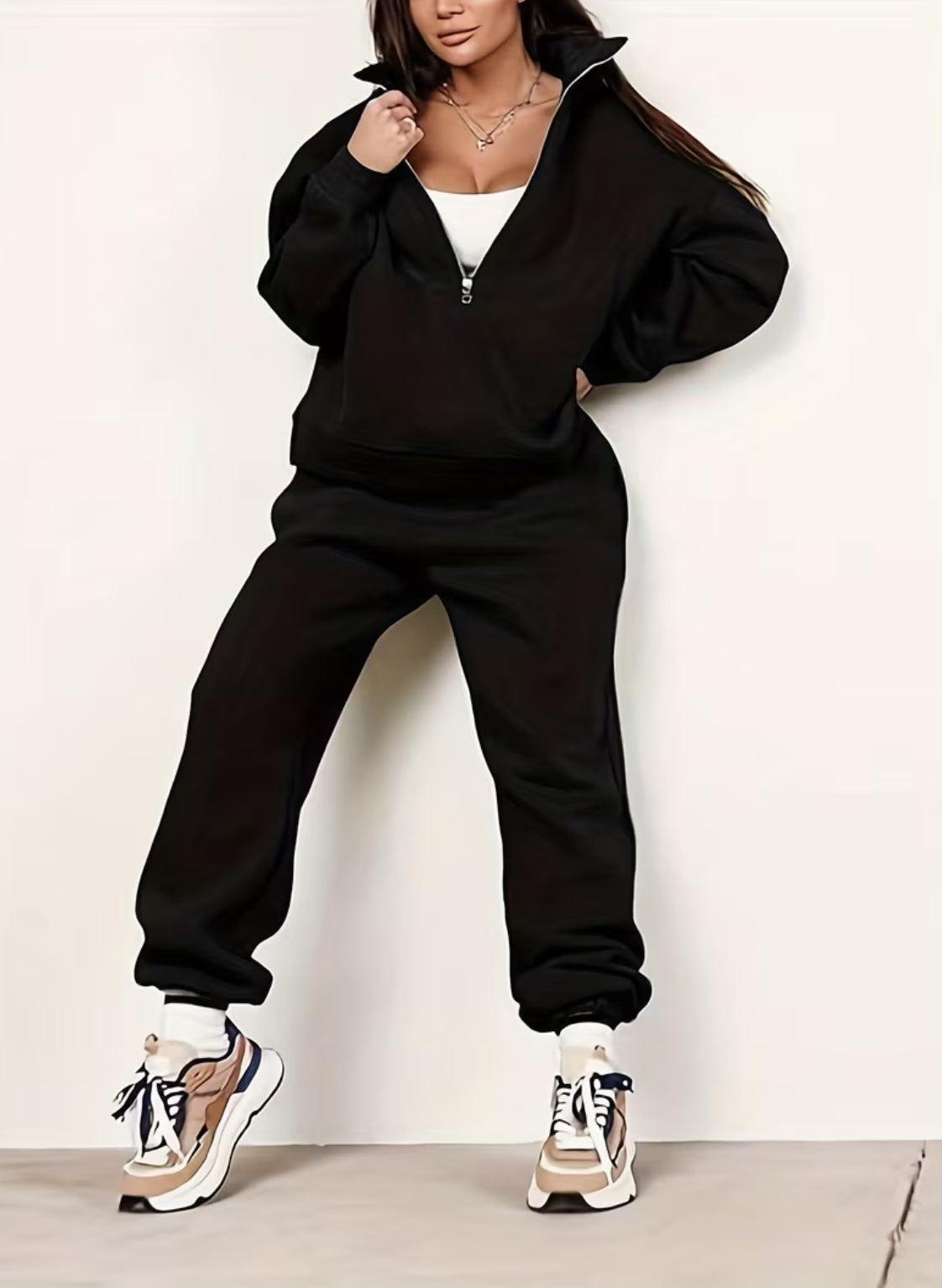 Sporty Chic Two-piece Set| Half-Zip Sweatshirt + High-Waisted Sweatpants