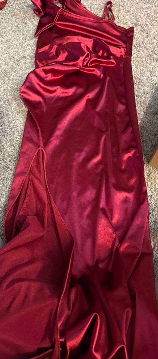 Tween “Glossy” Elegant Satin One-Shoulder Bow Decor High-Waist Long Slit Design
