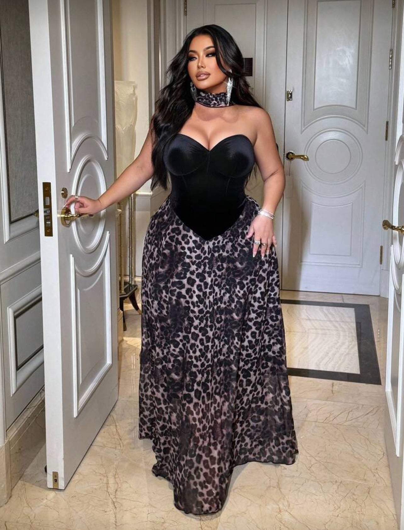 “Velvet Black Cheetah” Evening Dress Plus Size with Scarf