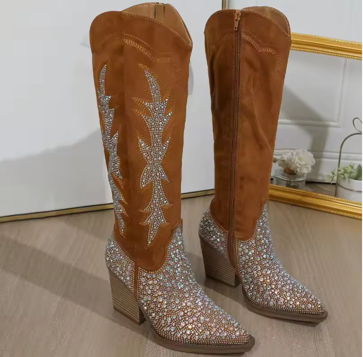 Vintage Embroidered Sparkling Rhinestone Chunky Heel Mid-Calf Boots