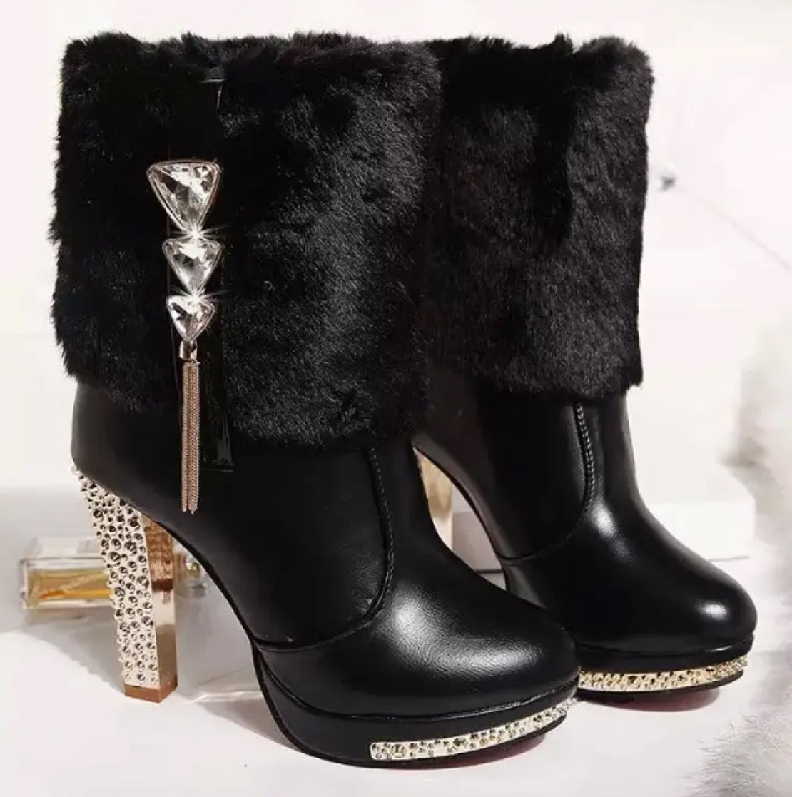 Women's Rhinestone-Decorated Chunky High-Heeled Winter Boots with Fleece Accent