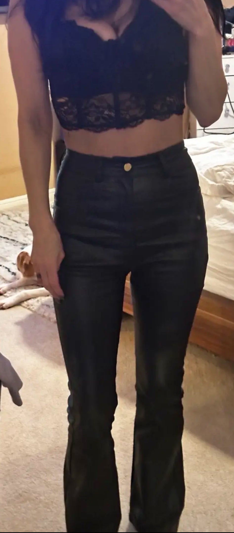 Women's Flared Bell Bottom High-Waisted, Faux Leather- Machine Washable 