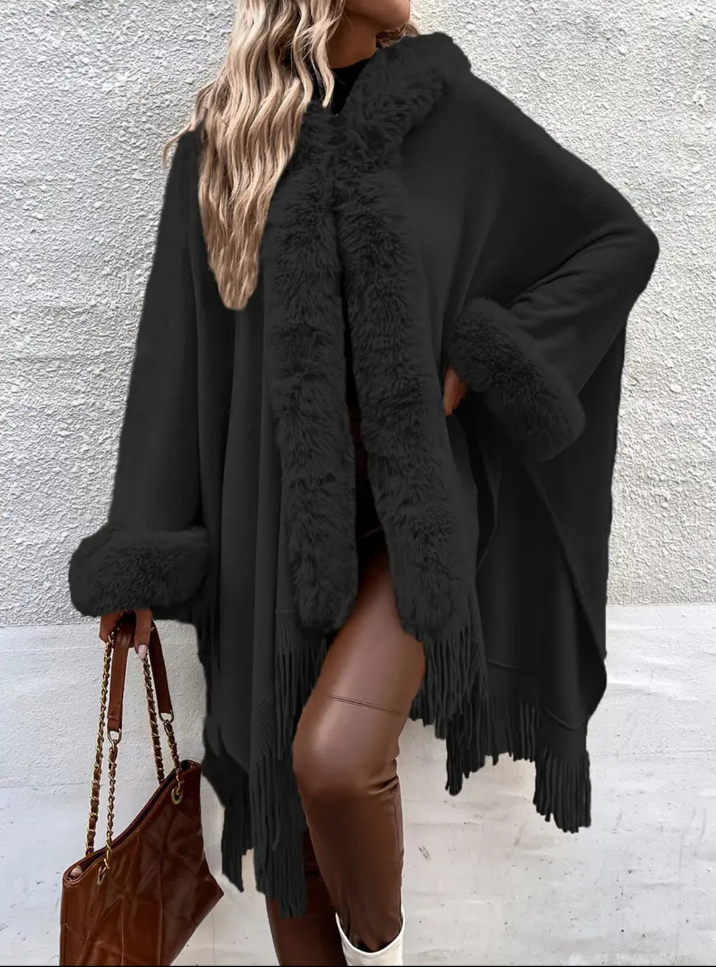 Chic Hooded Cape Coat - Long Sleeve V-Neck with Fringe Trim