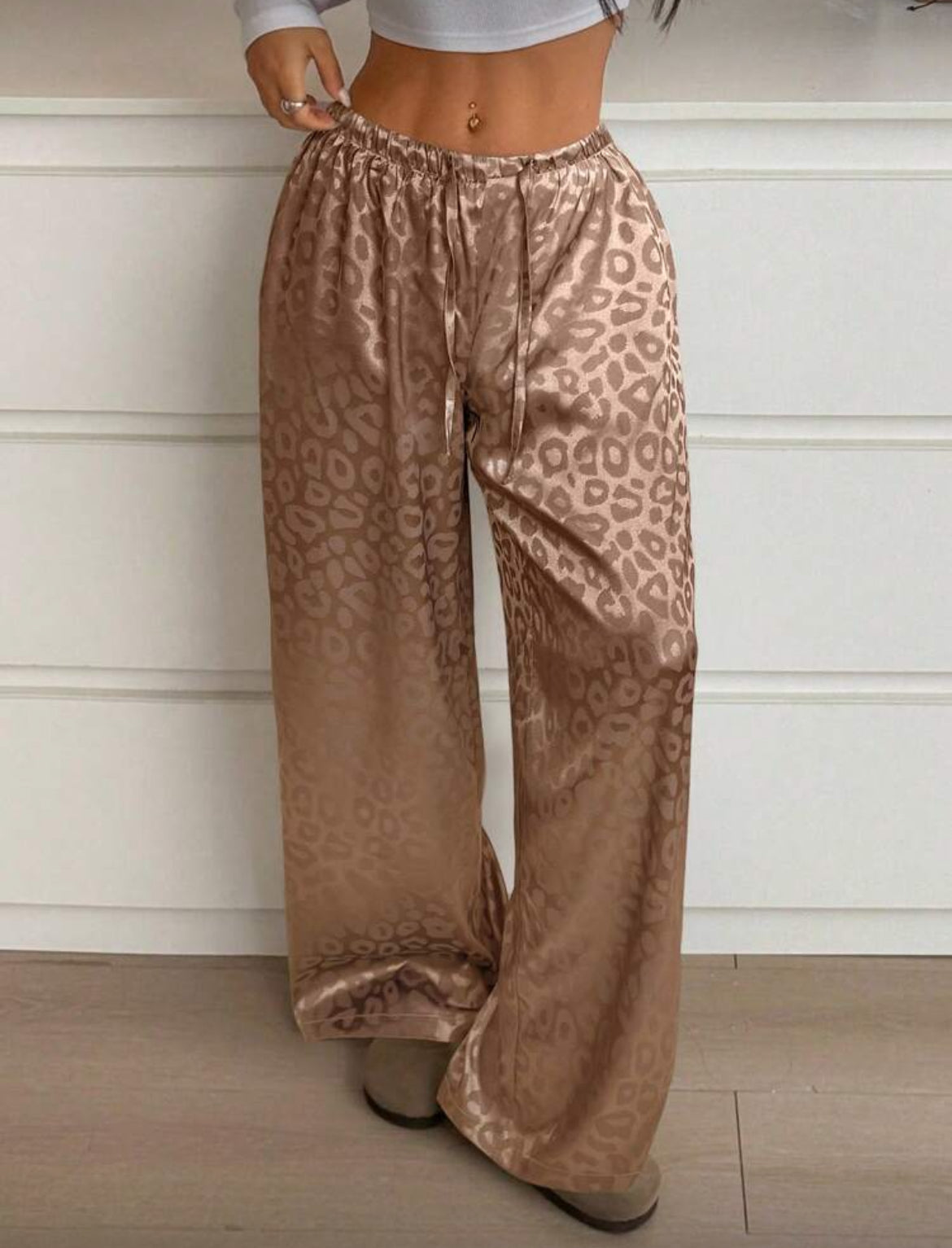 Leopard Print Pajama Pants Relaxed Wide-leg Fit, Drawstring Waist
