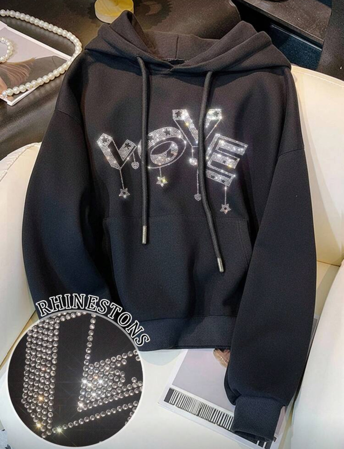 Rhinestone Studded Zip Up Hoodie Sweatshirt