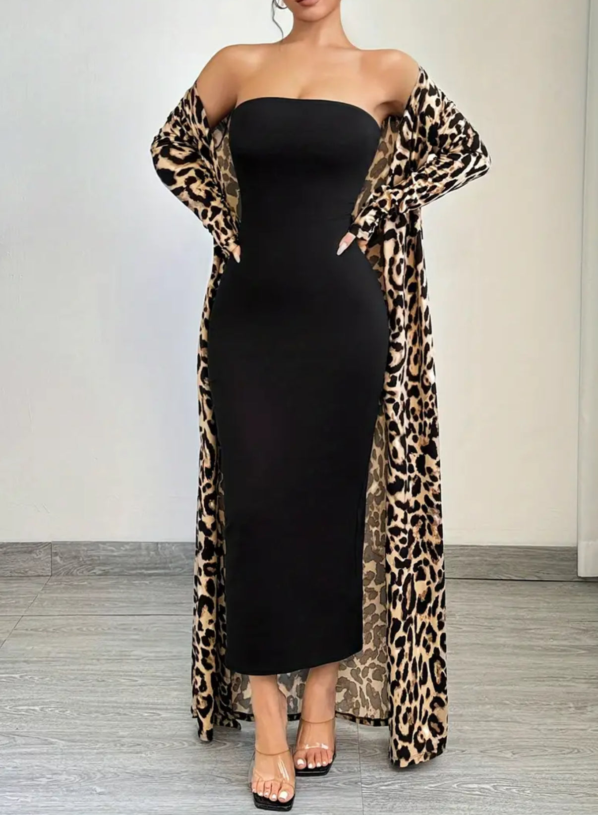 2pcs Leopard Longline Cardigan + Chic Tube Top Body-con Ankle Length Black Dress