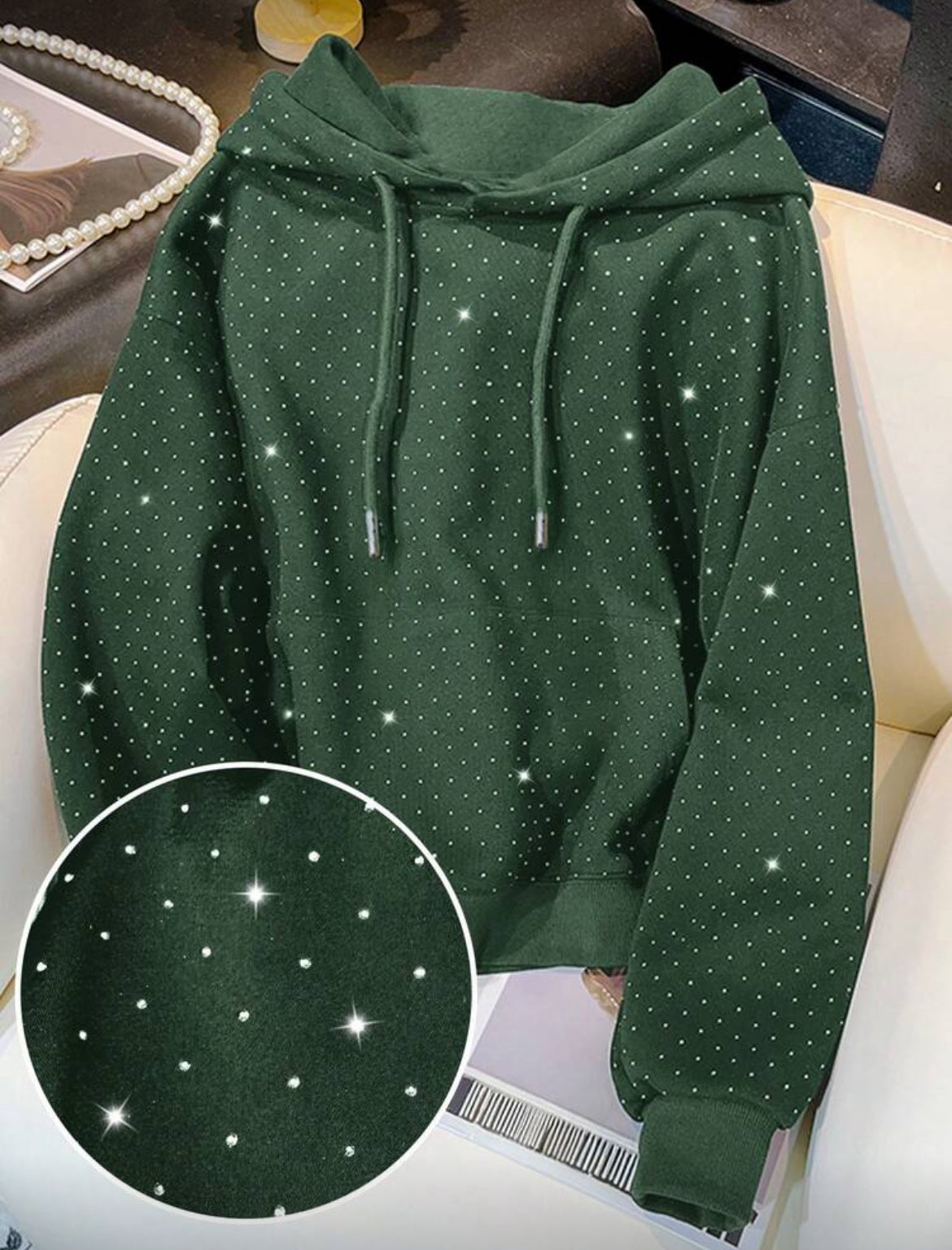 Rhinestone Studded Zip Up Hoodie Sweatshirt