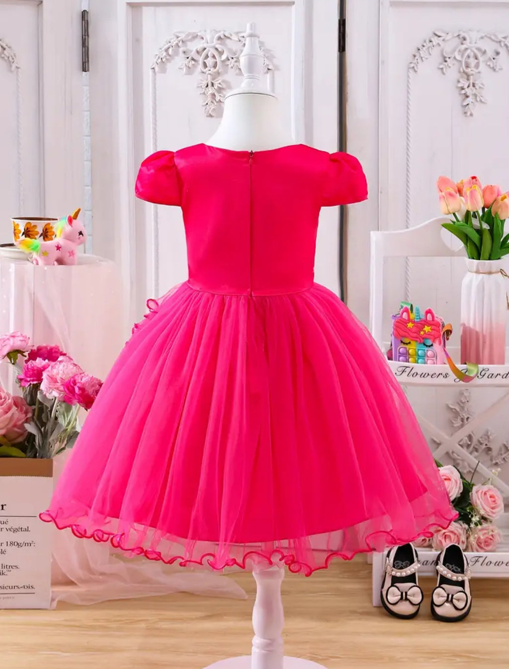 Girls Unicorm Dress Petal Sleeves, Mesh Detail, Knee-Length with Bow Accent 🦄