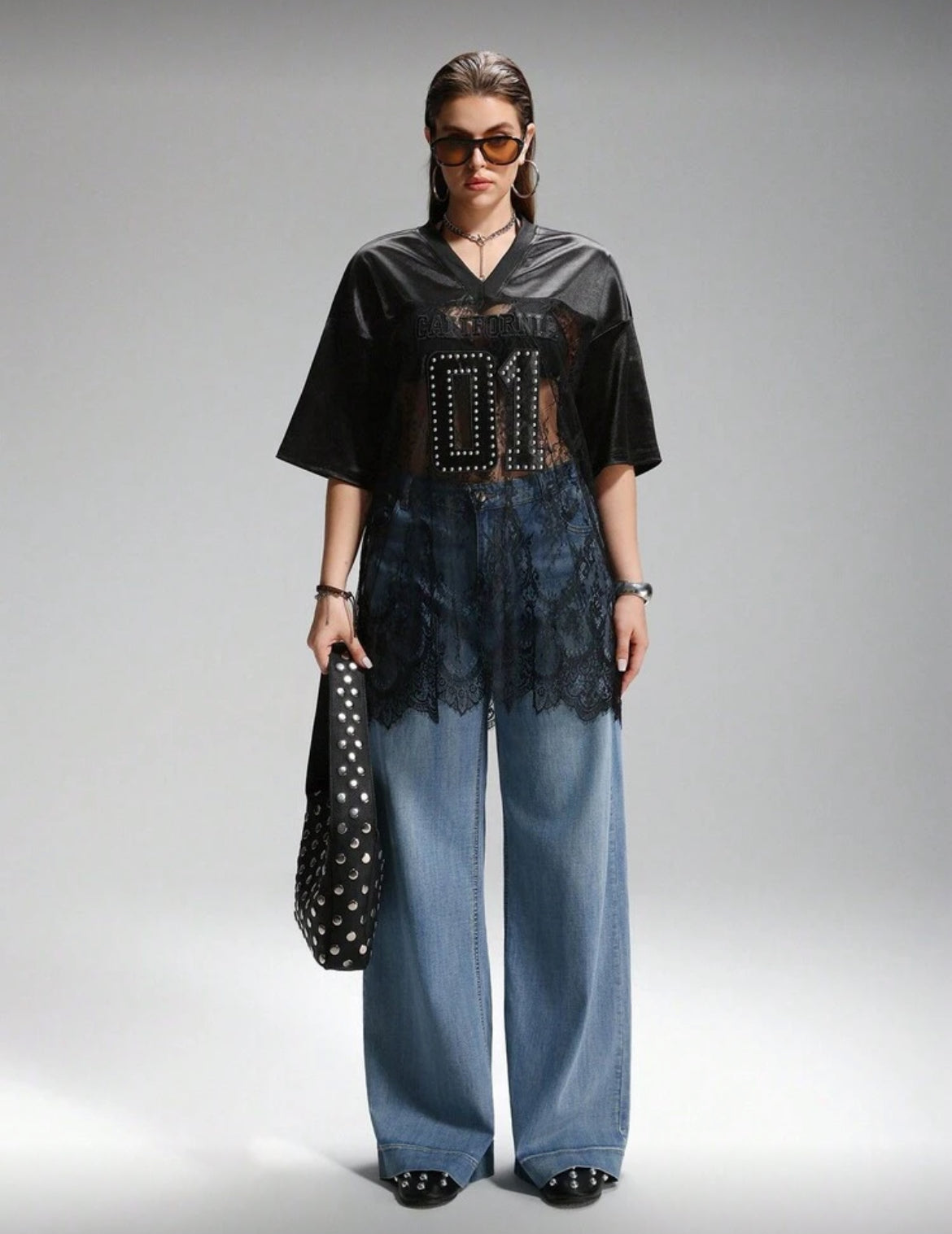 "CALIFORNIA 01" Posh Plus Oversized Studded Sheer Lace and Mesh Football Jersey