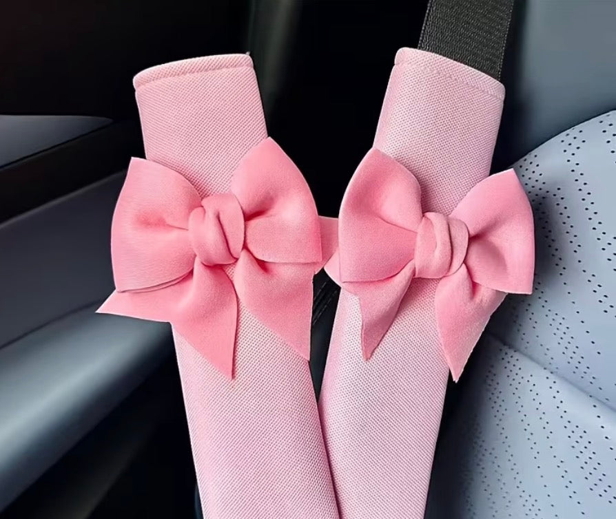2 Car Seat Belt Covers Adorned with Bows
