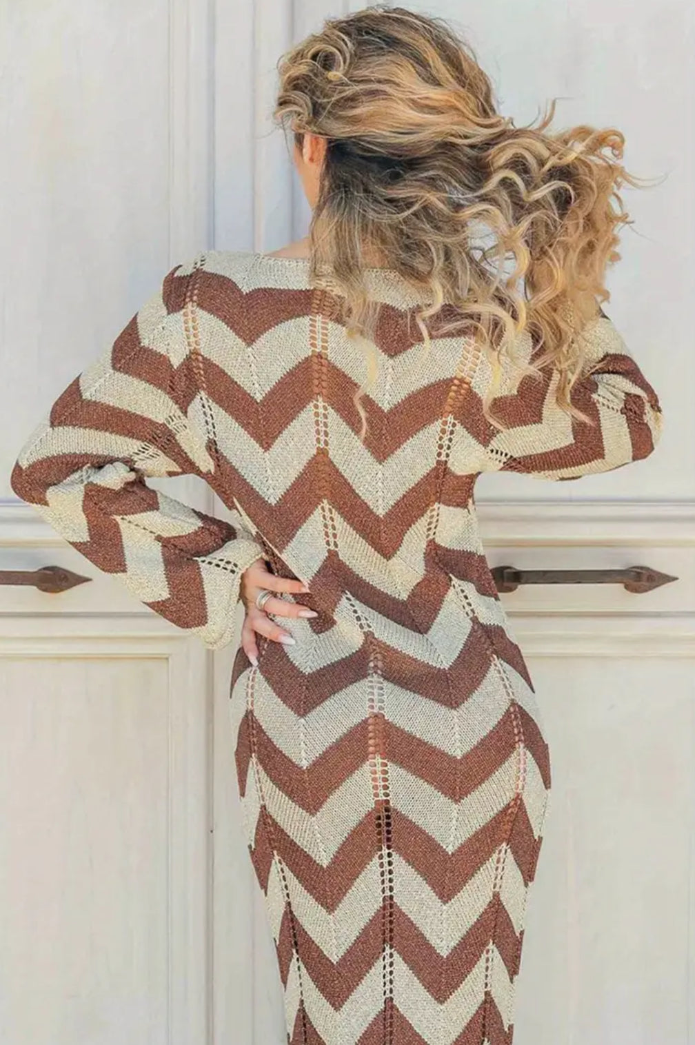 Boho Chic Chevron V-neck Long Dress |Long Dress Tie-Up Low Cut Bust Detail