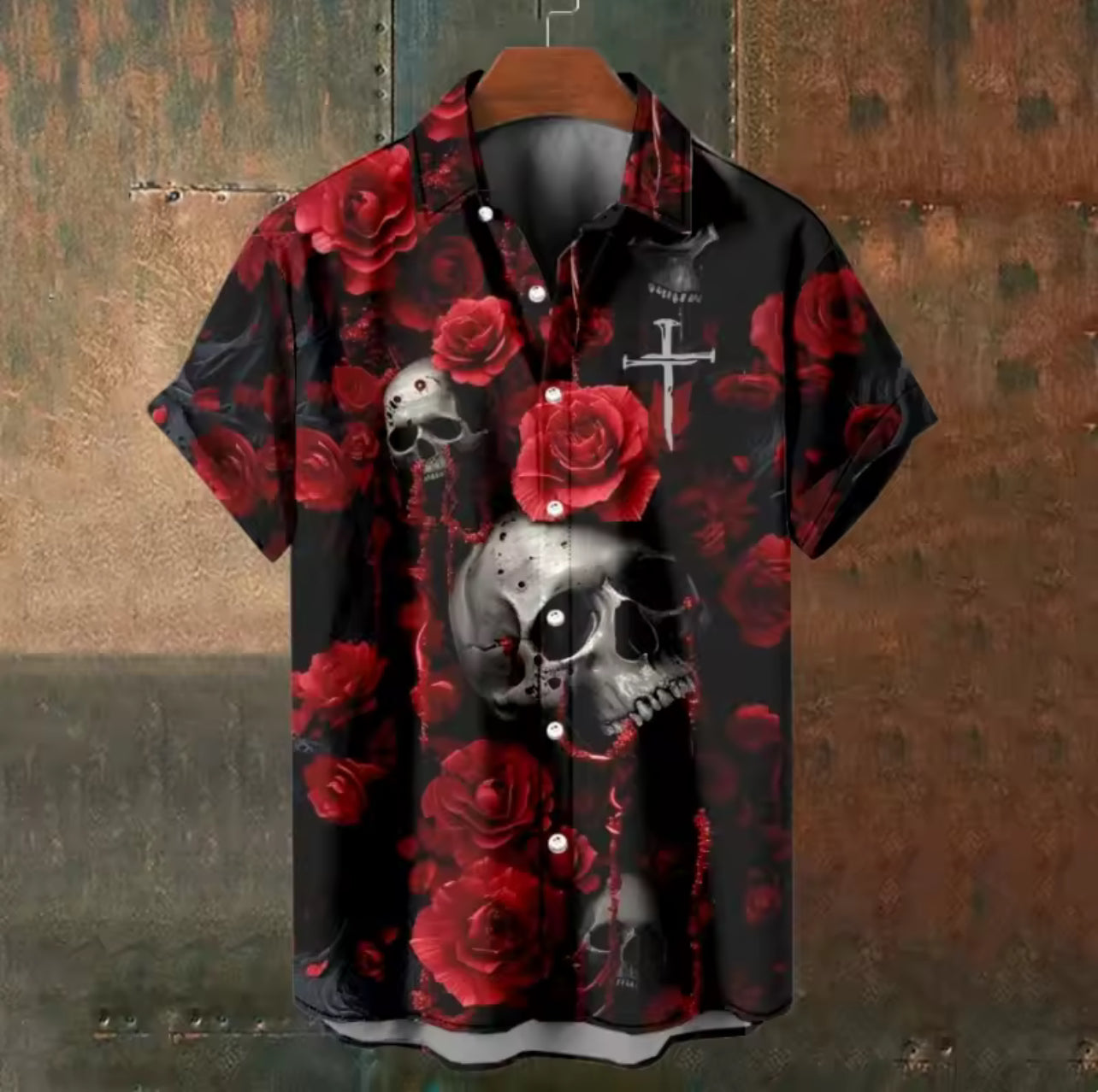 Men’s Skulls & Roses Gothic Short Sleeve Shirt - Button Collar All-Over Pattern