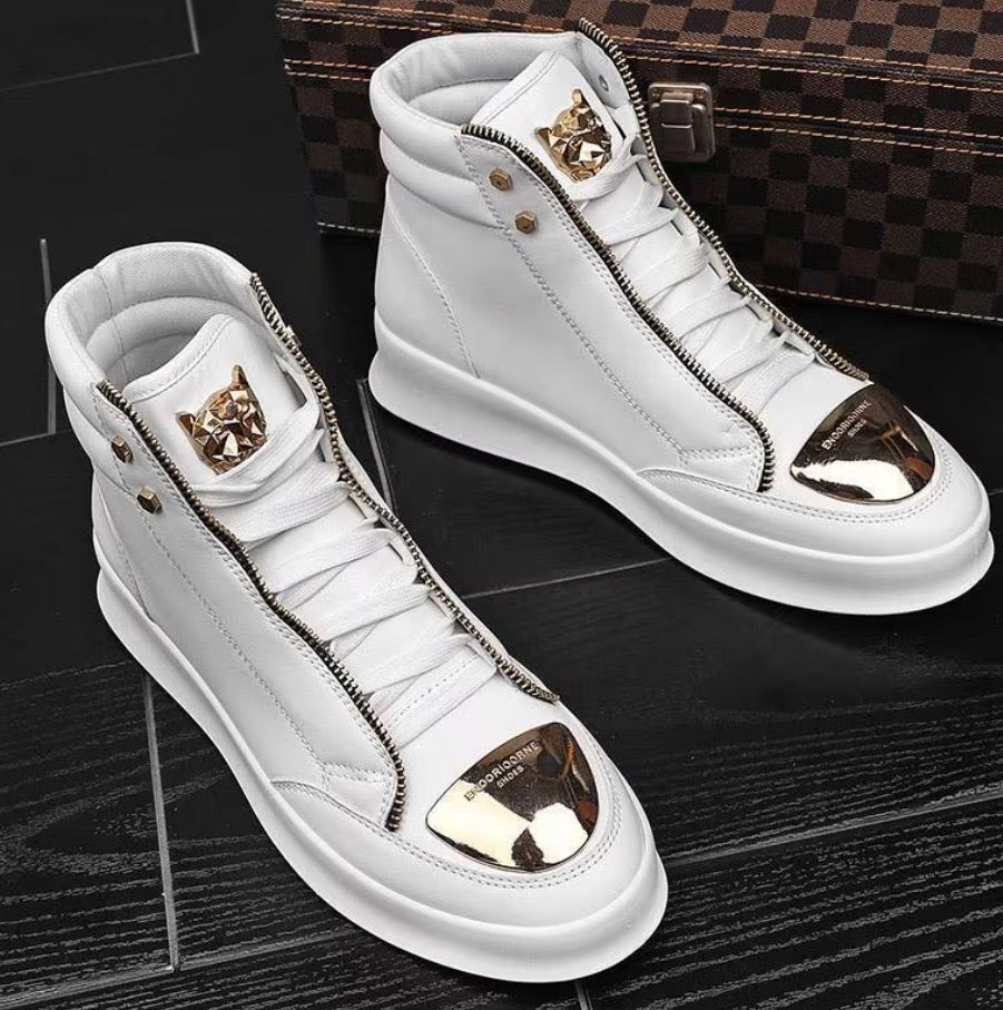 Men's High-Top Sneakers Faux Zipper Cover Upper Golden-Tone Hardware Streetwear 