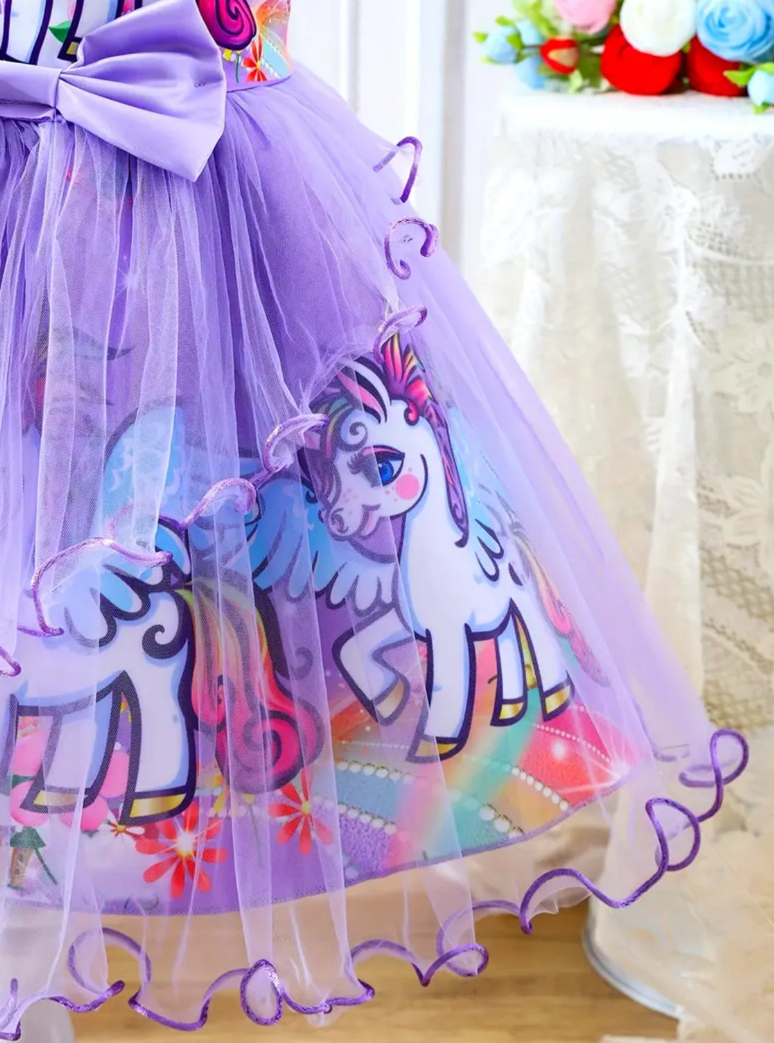 Girls Unicorm Dress Petal Sleeves, Mesh Detail, Knee-Length with Bow Accent 🦄