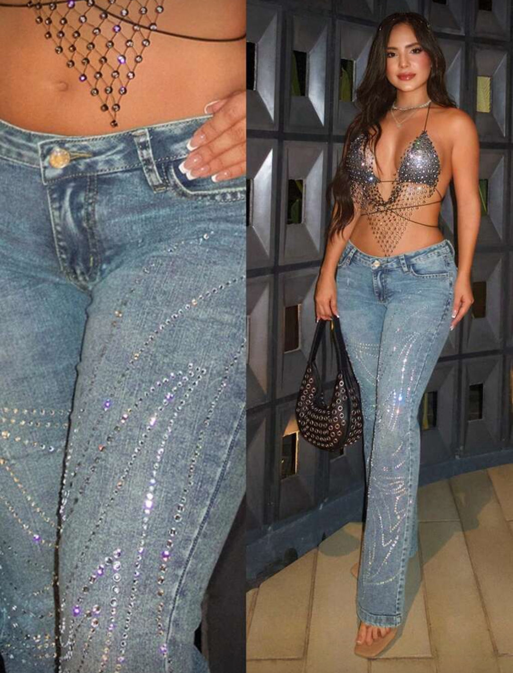 Flared Cut Washed- Low Waist Slim Fit Rhinestone Embellished Jeans