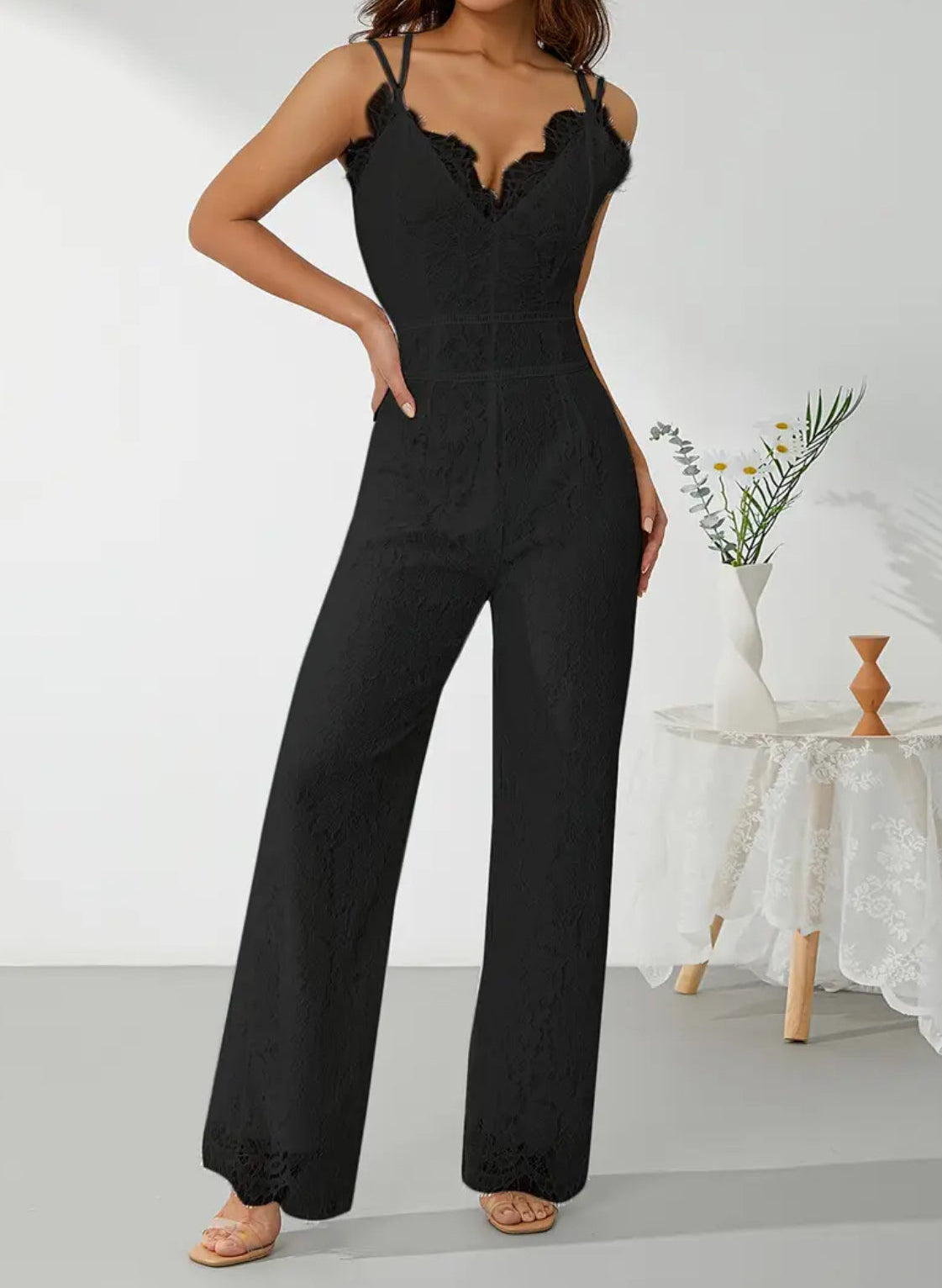 “Vivi” Sleeveless Backless Partial Areas See-Through Lace Ruffle Jumpsuit 