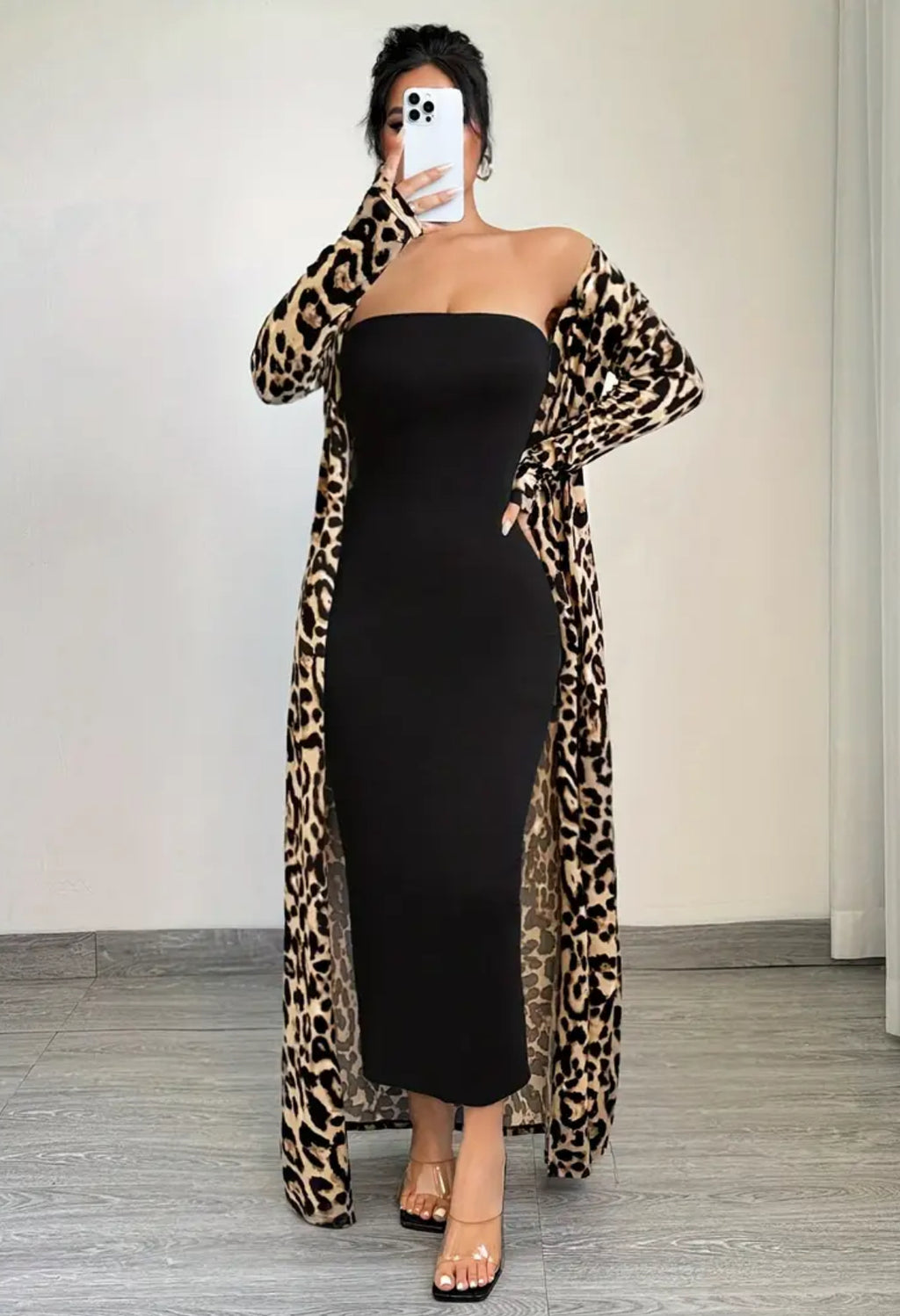 2pcs Leopard Longline Cardigan + Chic Tube Top Body-con Ankle Length Black Dress