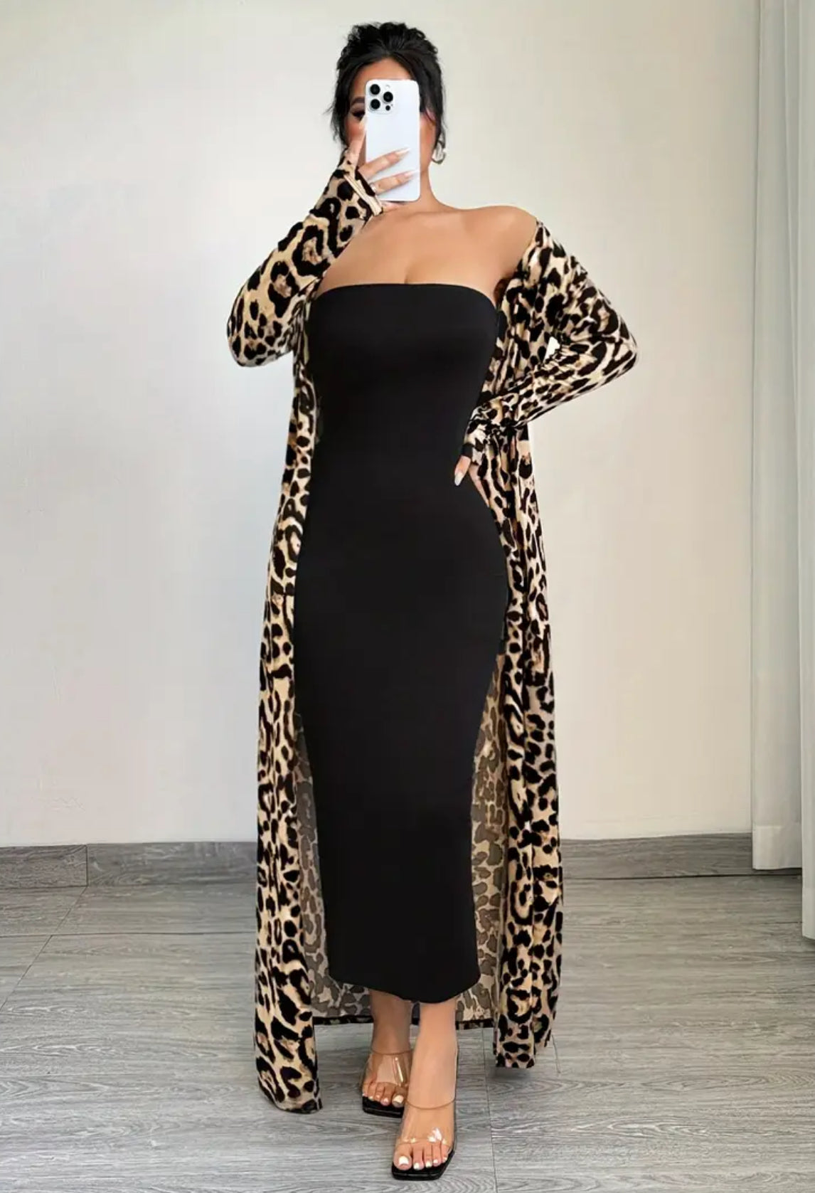 2pcs Leopard Longline Cardigan + Chic Tube Top Body-con Ankle Length Black Dress