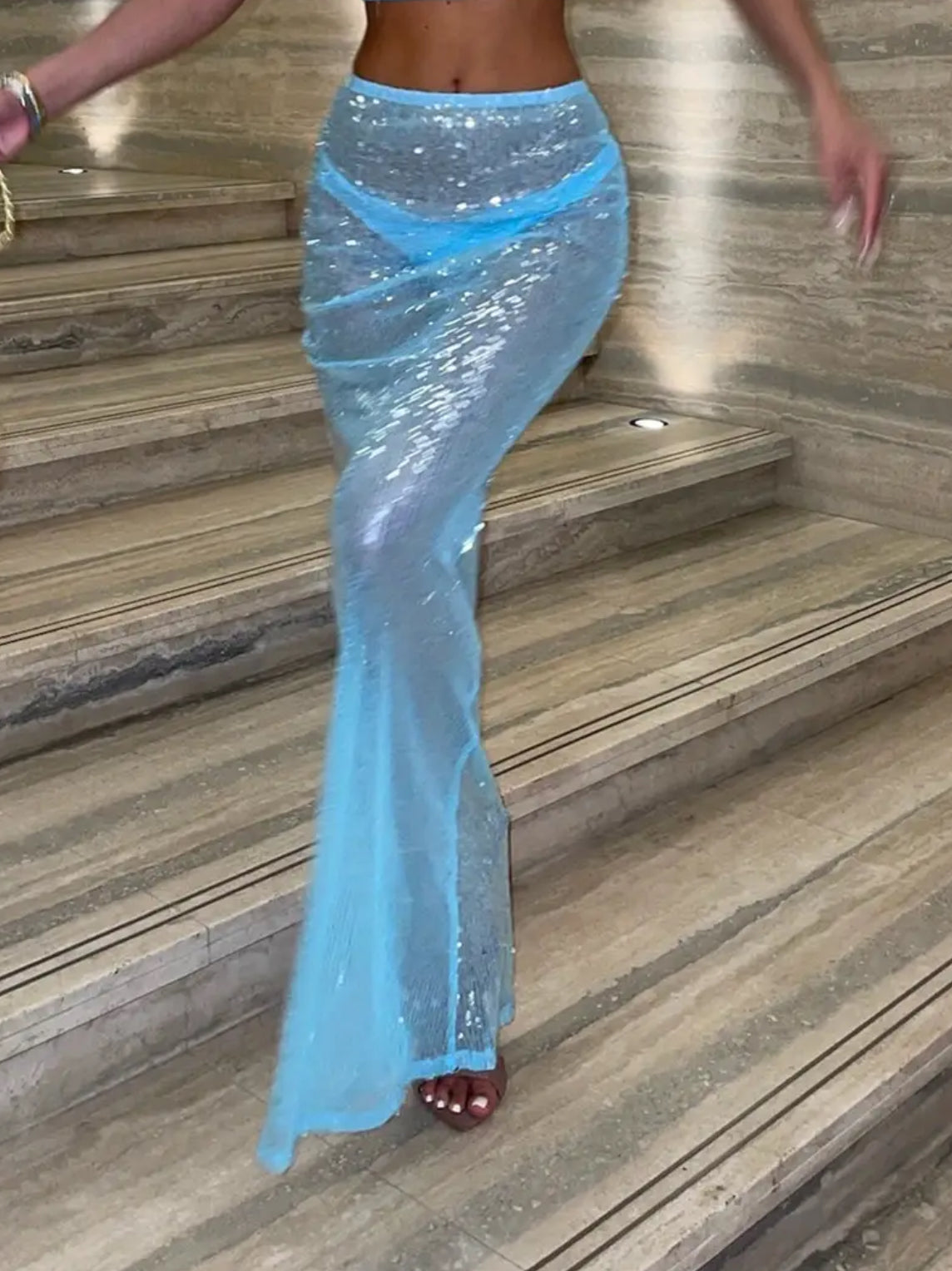 “Shimmer & Shine” Long Body-Con Skirt | Elastic Waist, Sparkly Sequin See-Through Fabric