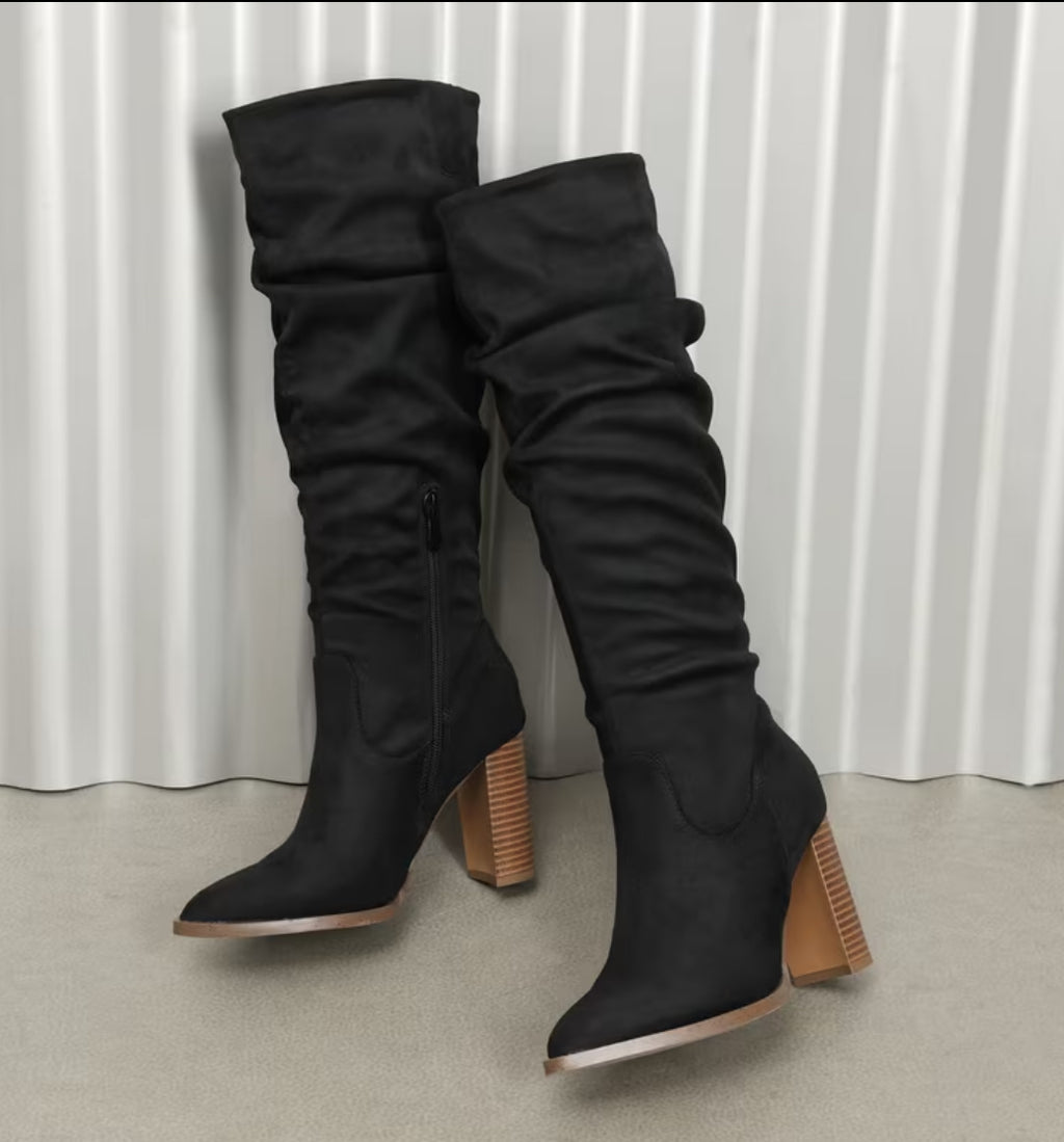 Suede Slouchy Knee-High Boots With a Chunky Block Heel Pointed Toe Side Zipper & Pull Accent