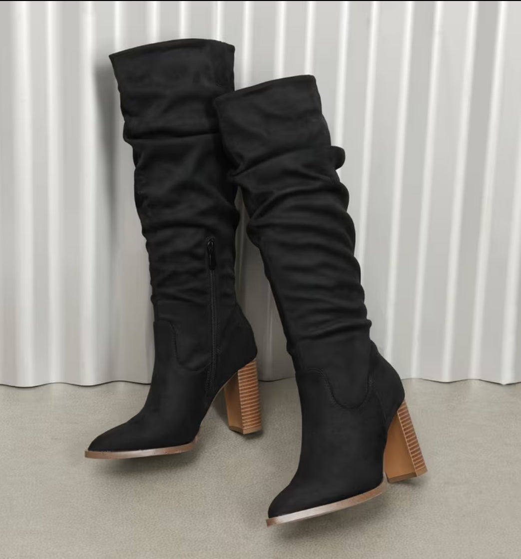 Suede Slouchy Knee-High Boots With a Chunky Block Heel Pointed Toe Side Zipper & Pull Accent