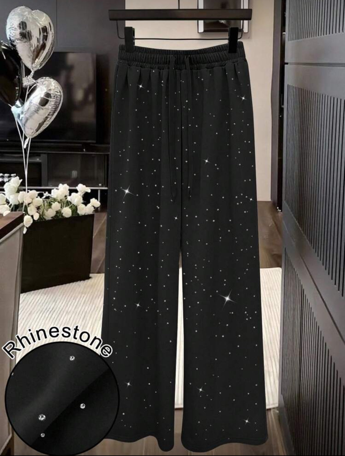 Rhinestone Embellished High Waist Drawstring Loose Fit Sweatpants