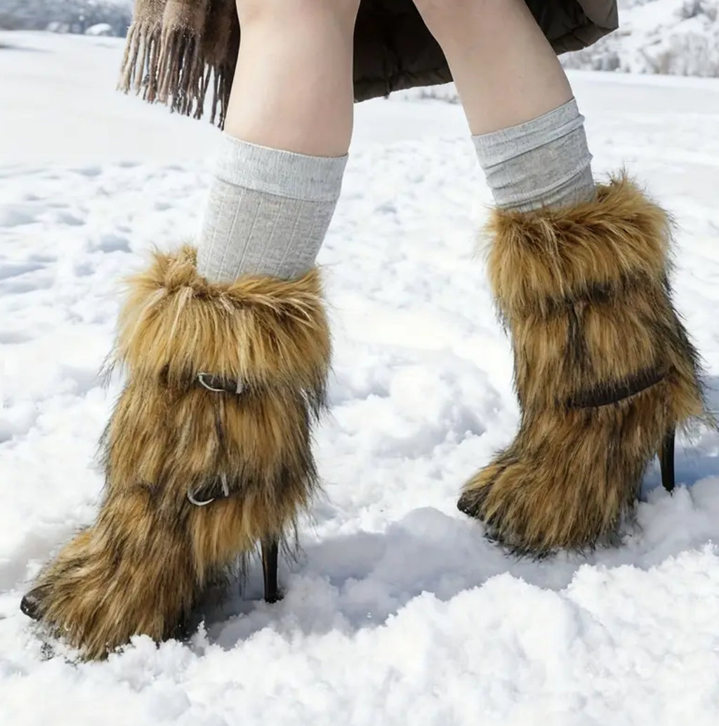 Faux Fur Winter Ankle Boots with High Heel Stiletto - Buckle Strap & Slip-Resistant Rubber Sole 