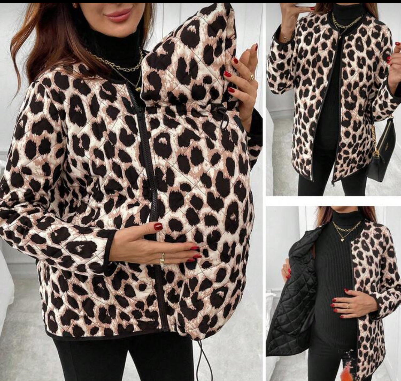 Maternity Leopard Print 3-In-1 Fashionable Winter Coat + Maternity Jacket + Baby Carrier Coat