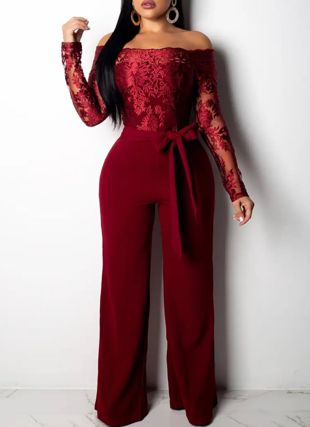 Off-Shoulder Lace Sleeve & Bowknot Waist Jumpsuit
