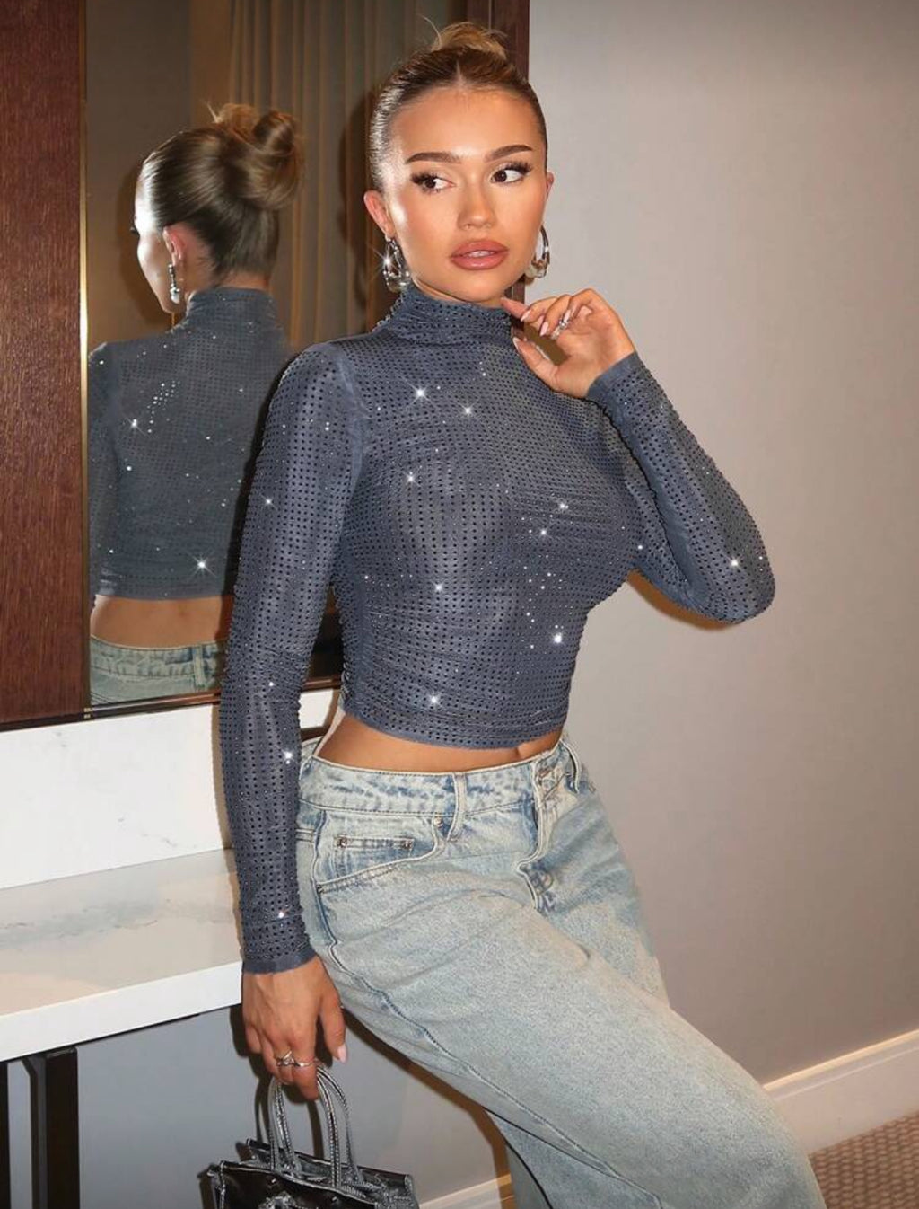 Gray Fashion Wear, Sparkling Rhinestone Decor- Fitted Sheer Mesh Crop Top