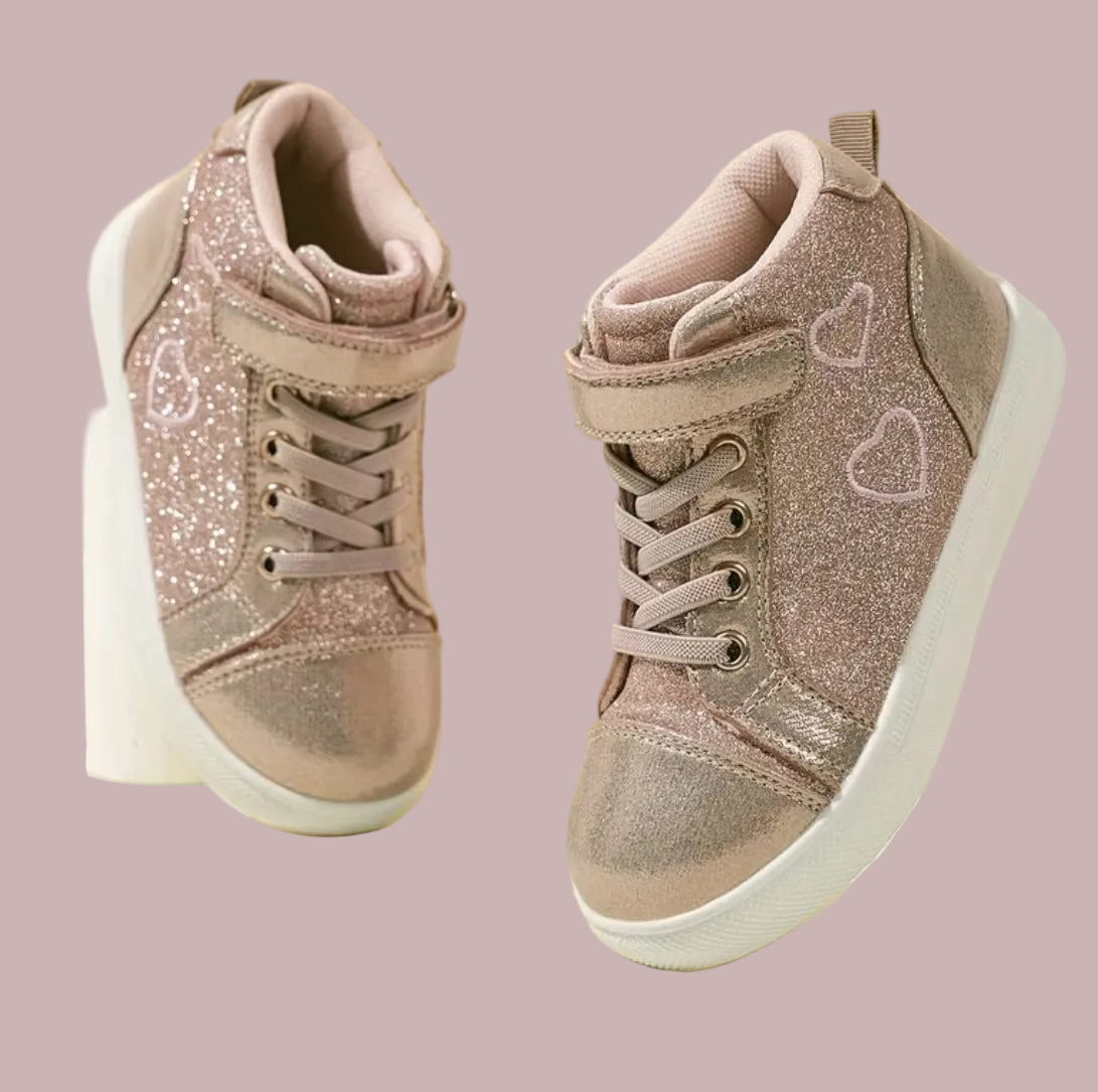 “Hearts & Glitter” Girls High-Top Non-Slip Lightweight Sneakers