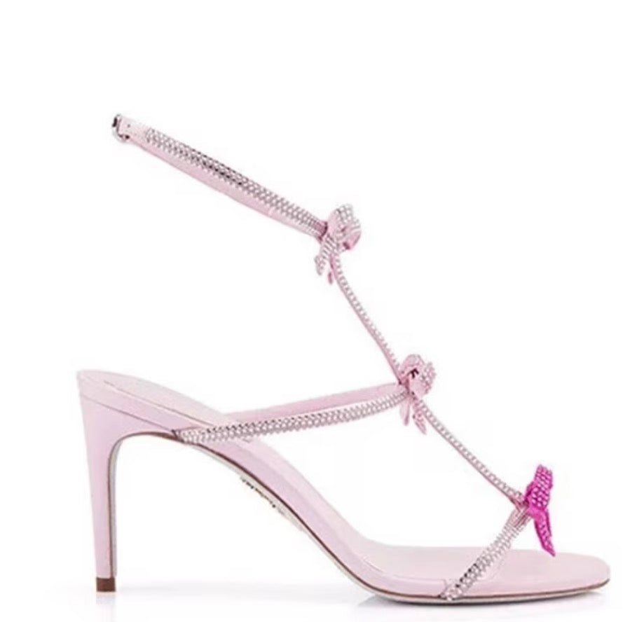 ‘Pink Bows & Rhinestones’ Embellished Bow Strap Sandal Stilettos In Pink 