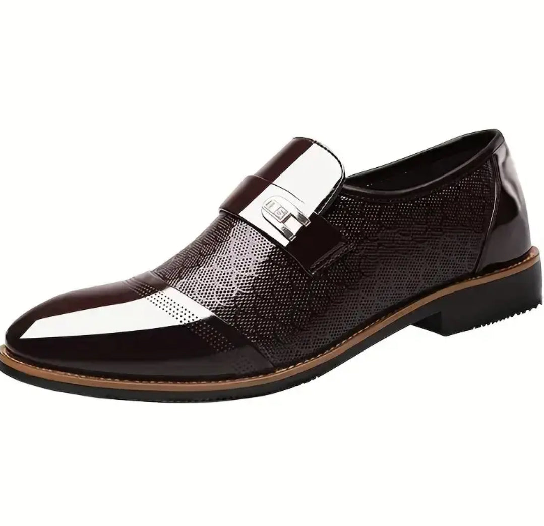 Men’s Dress Shoes Featuring A Shiny Patent Faux Leather, Upper Textured Mid-Section + Decorative Strap Across