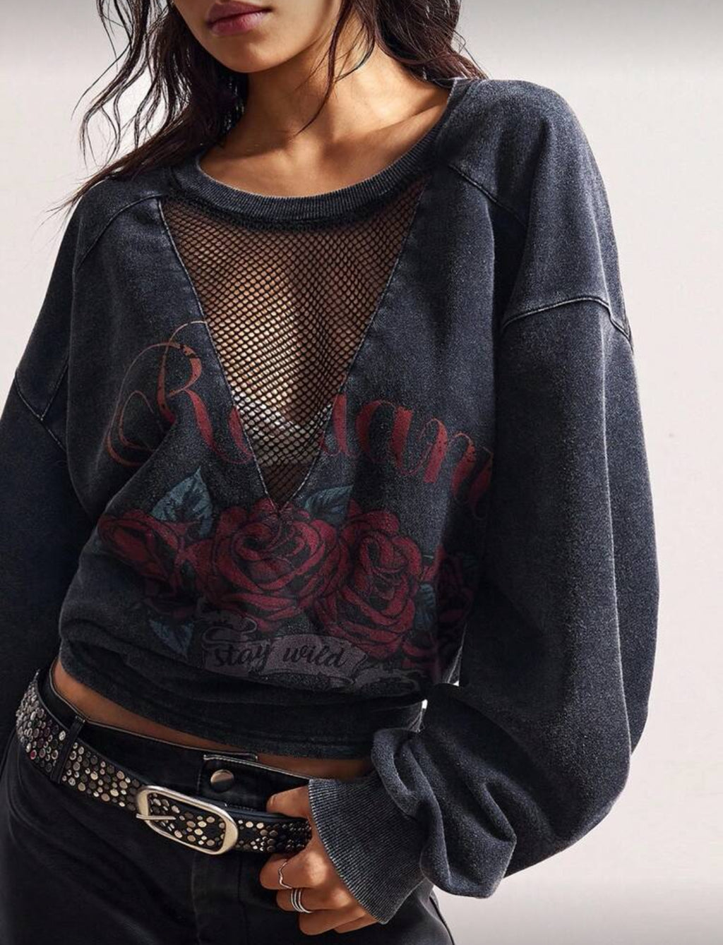 “Grunge” Mesh Crew Neck Washed Black Sweatshirt