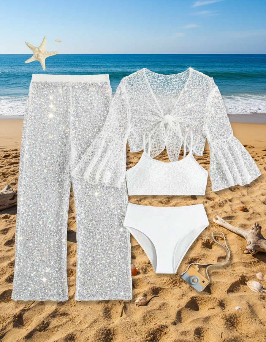 4pcs Tween Girl Beach Bikini Set With Flared Sleeve Cover Up Top & Cover Up Pants Set 