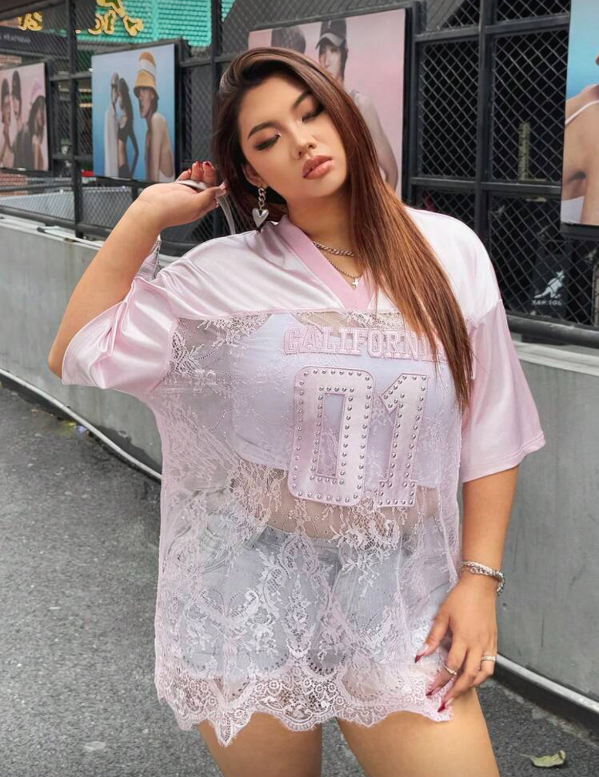 "CALIFORNIA 01" Posh Plus Oversized Studded Sheer Lace and Mesh Football Jersey
