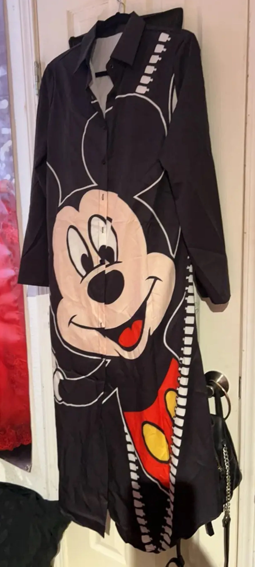 “Disney Chic” Women's Cartoon Print Long Sleeve Dress - V-Neck Button-Up with Puff Sleeves