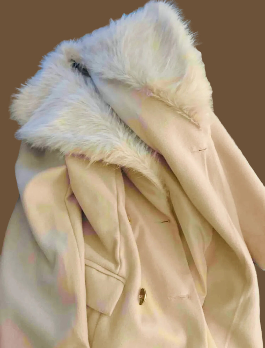 Sophisticated Beige Woven Faux Fur Overcoats with Gold Button Pockets Up To 4XL