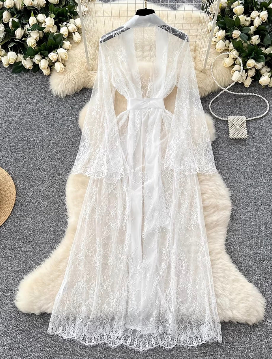 Elegant Floor- Length Sheer Lace Floral Robe