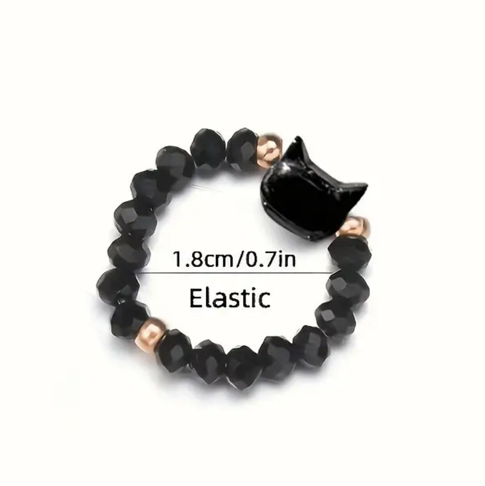 2pcs Minimalist Black & White Cat Ring Set - Glossy Bead Accent, Comfortable Stretch Fit