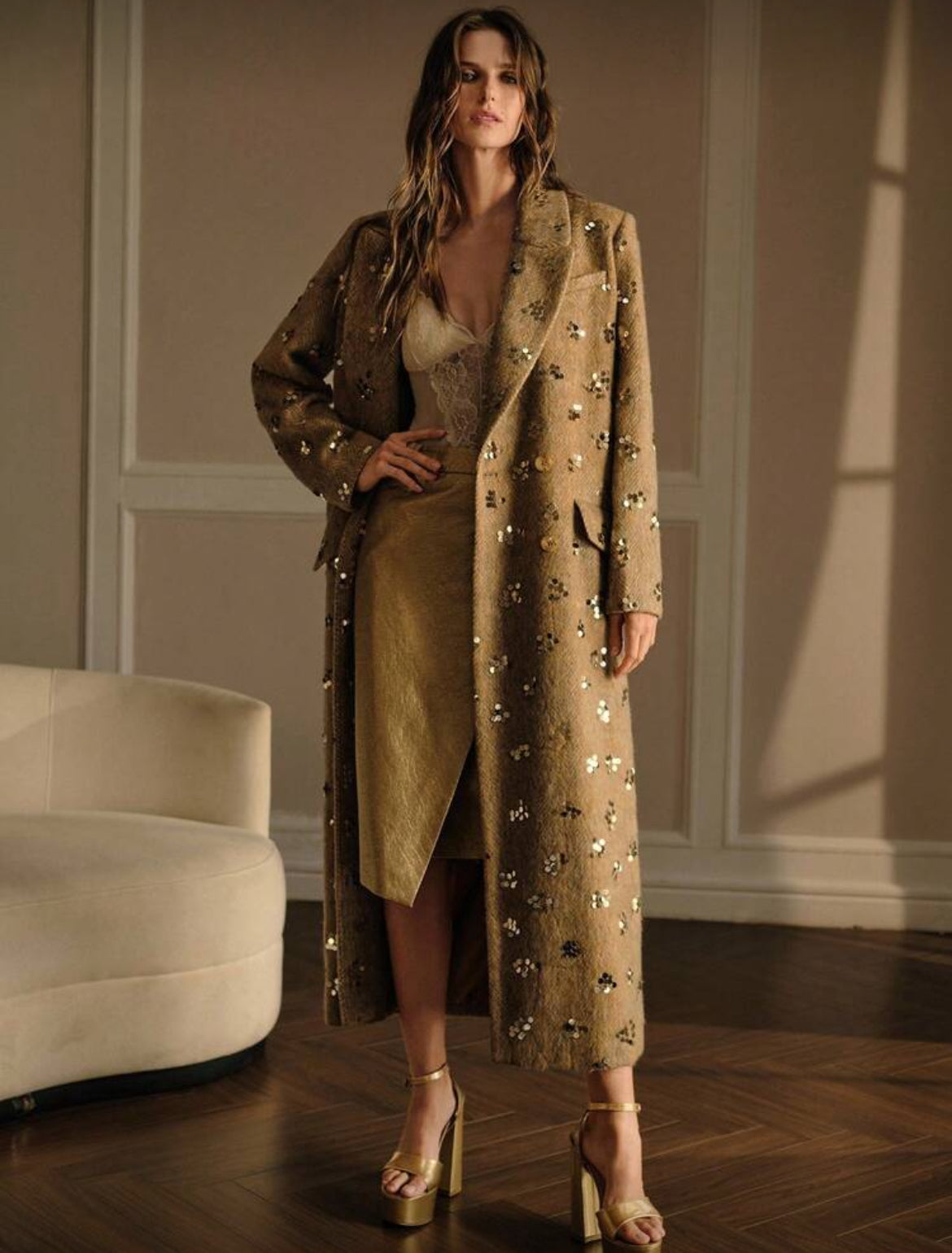 “Giselle” Sequin Embellished High-End Thick Overcoat